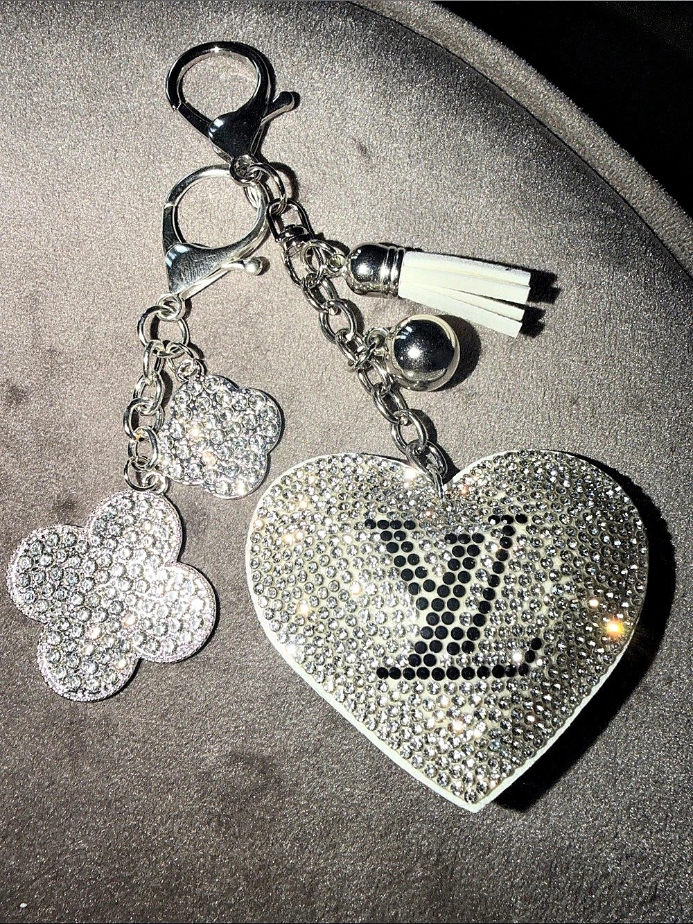 Louis Vuitton White Rhinestone Heart Clover Tassel Keychain